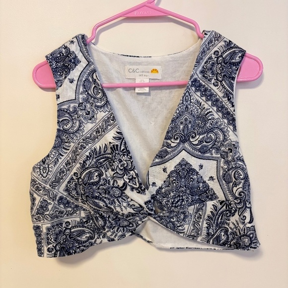C&C California Tops - C&C California Front Twist Linen Crop Tank Top Blue White Paisley Womens Large
